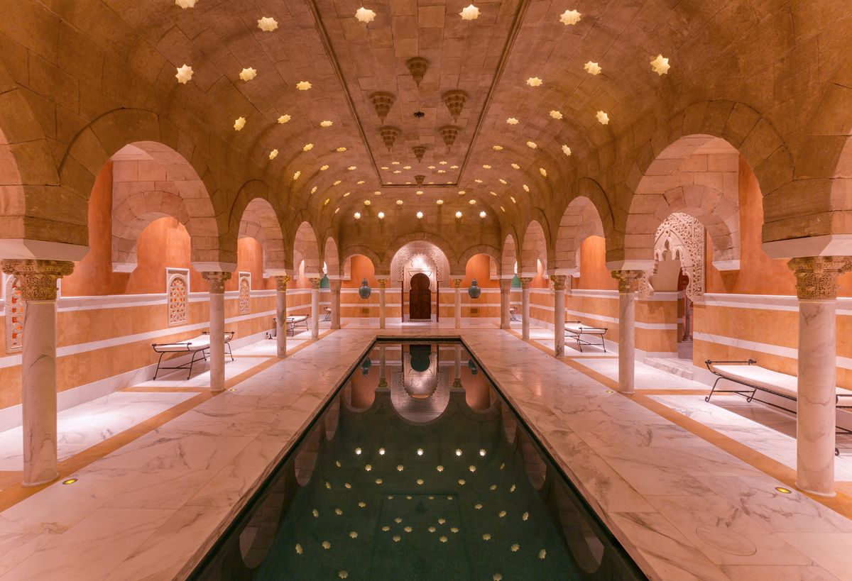 BLOG_14 RE-10th century Moorish hamam spa indoor pool with sandstone ceiling and lights